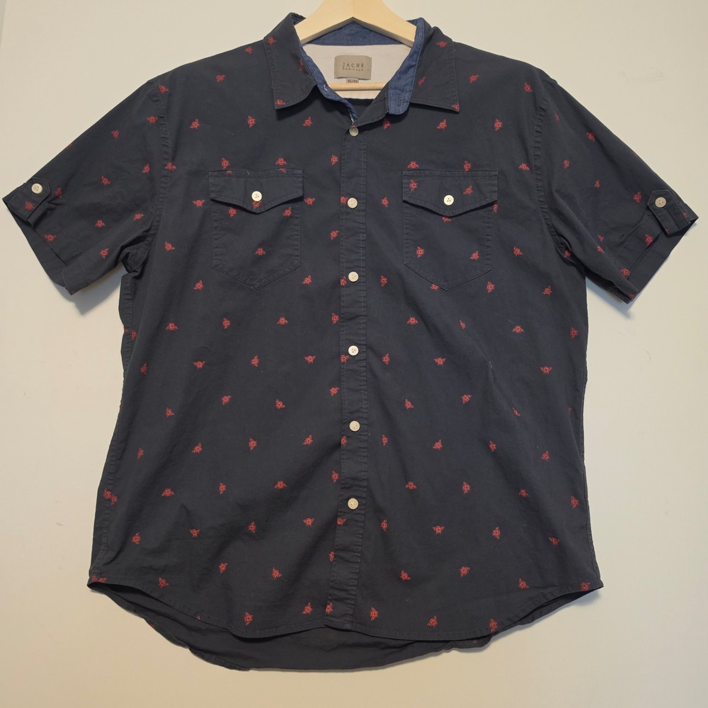 Jachs New York Bee Embroidered Navy Blue Short Sleeve Button Down Shirt XL